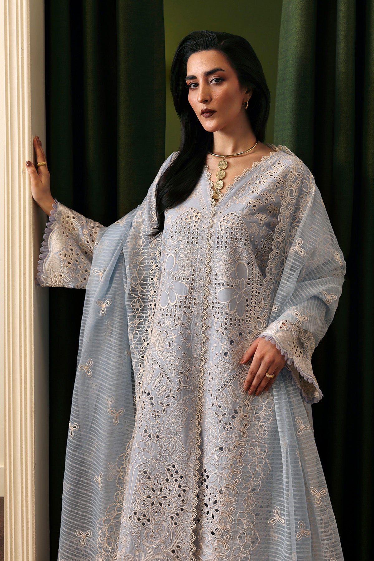 Pakistani Sky Blue Embroidered Lawn & Organza Salwar Kameez (3-Piece) - Image 2