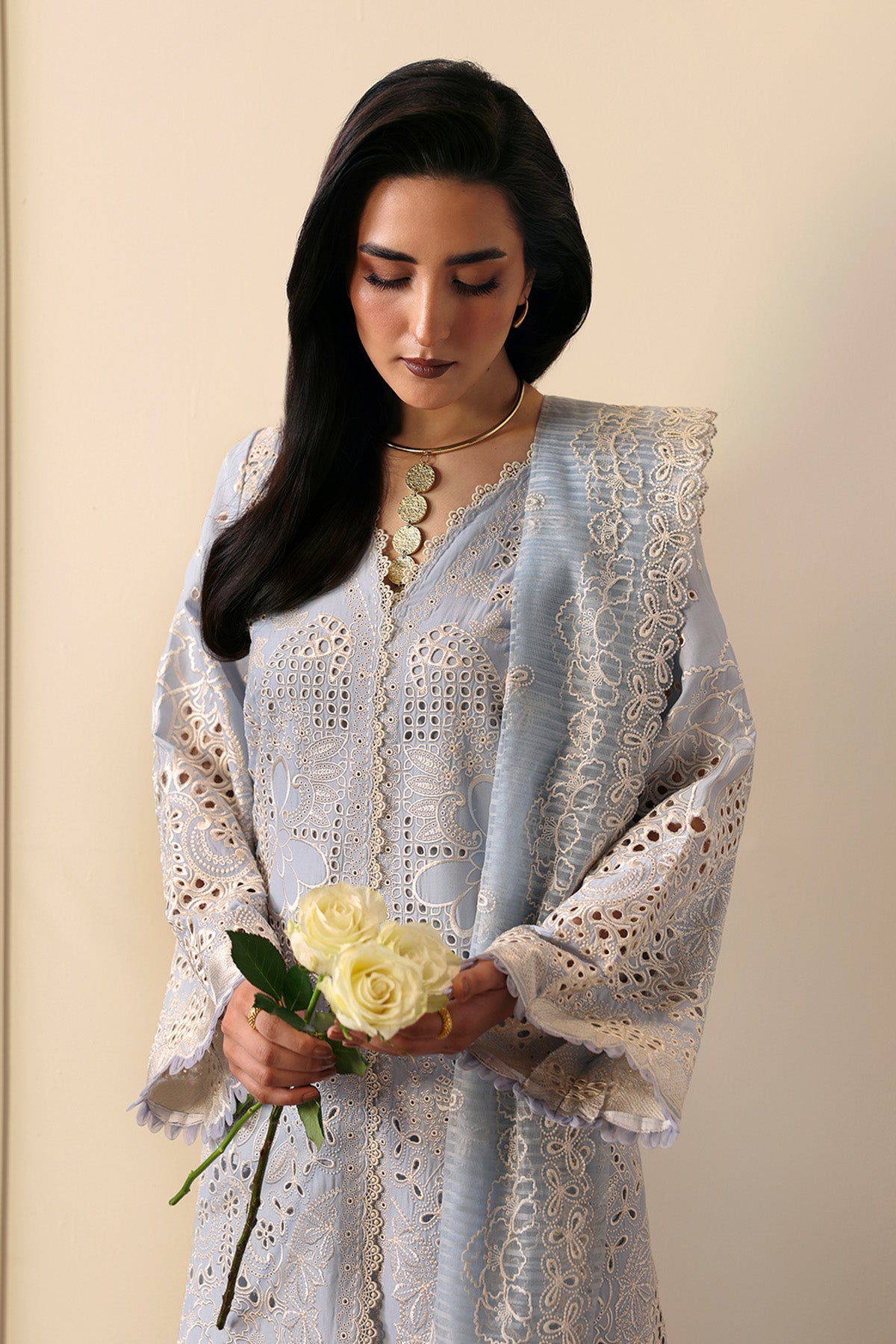 Pakistani Sky Blue Embroidered Lawn & Organza Salwar Kameez (3-Piece) - Image 3