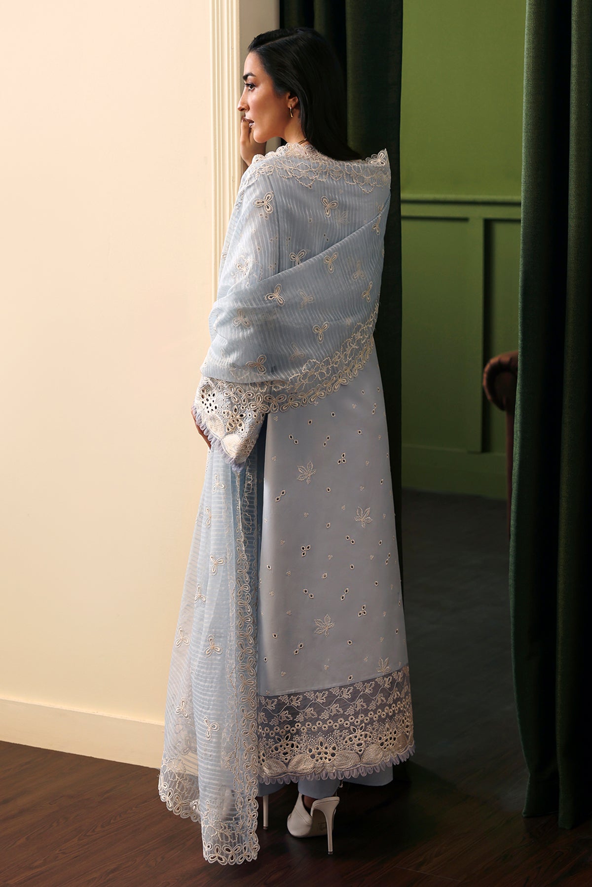 Pakistani Sky Blue Embroidered Lawn & Organza Salwar Kameez (3-Piece) - Image 4