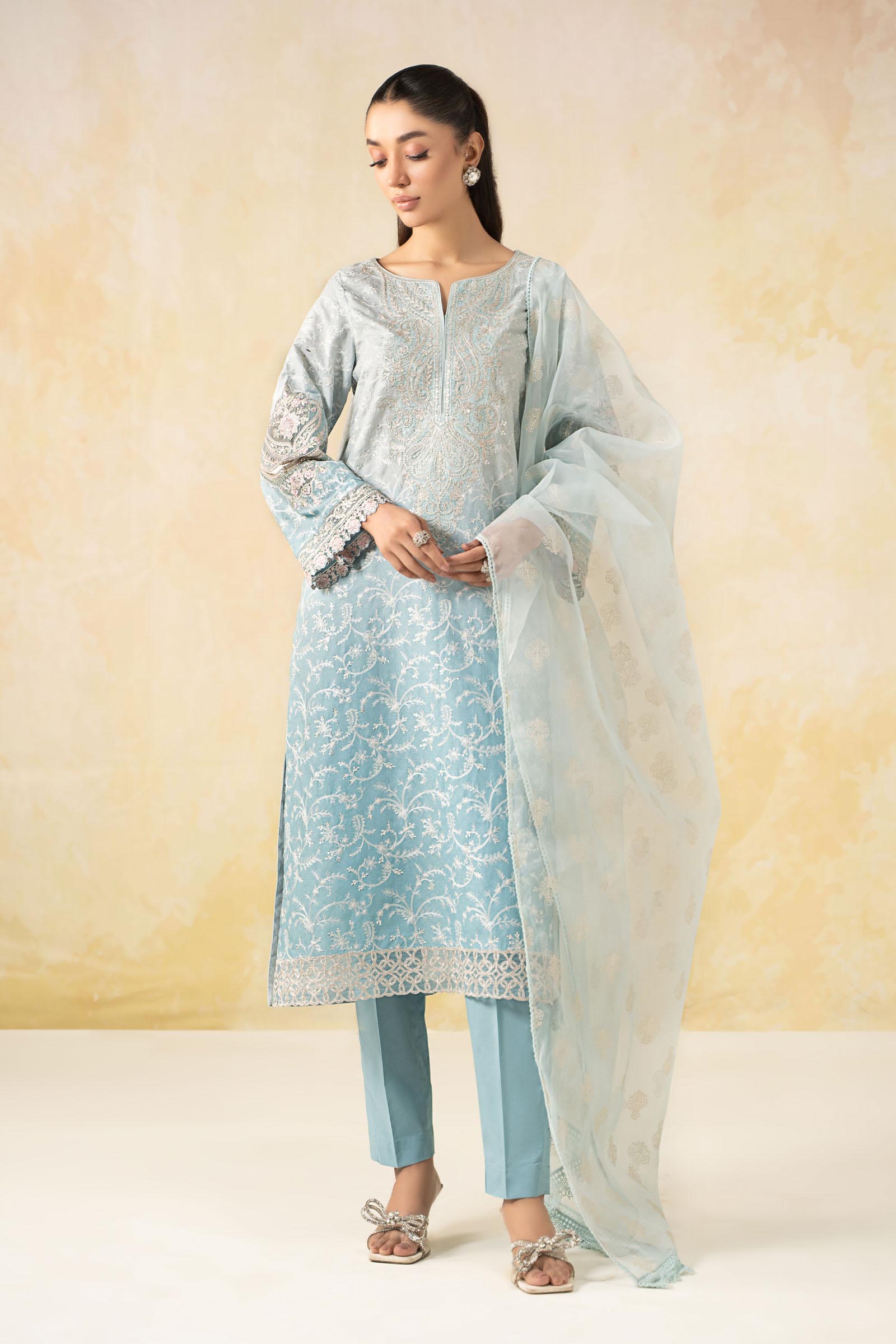 Pakistani Blue Embroidered Self Jacquard Lawn Suit (3-Piece) - Image 1