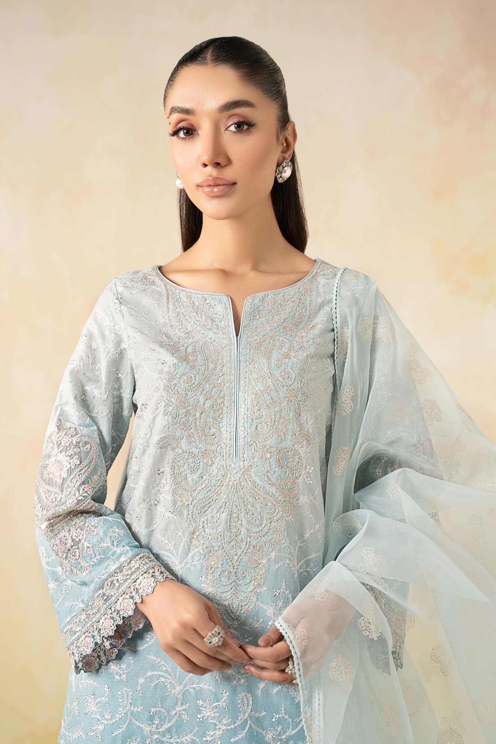 Pakistani Blue Embroidered Self Jacquard Lawn Suit (3-Piece) - Image 2