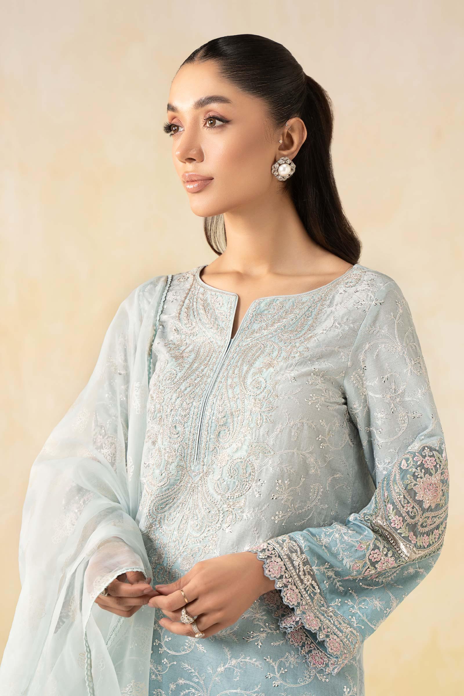 Pakistani Blue Embroidered Self Jacquard Lawn Suit (3-Piece) - Image 3