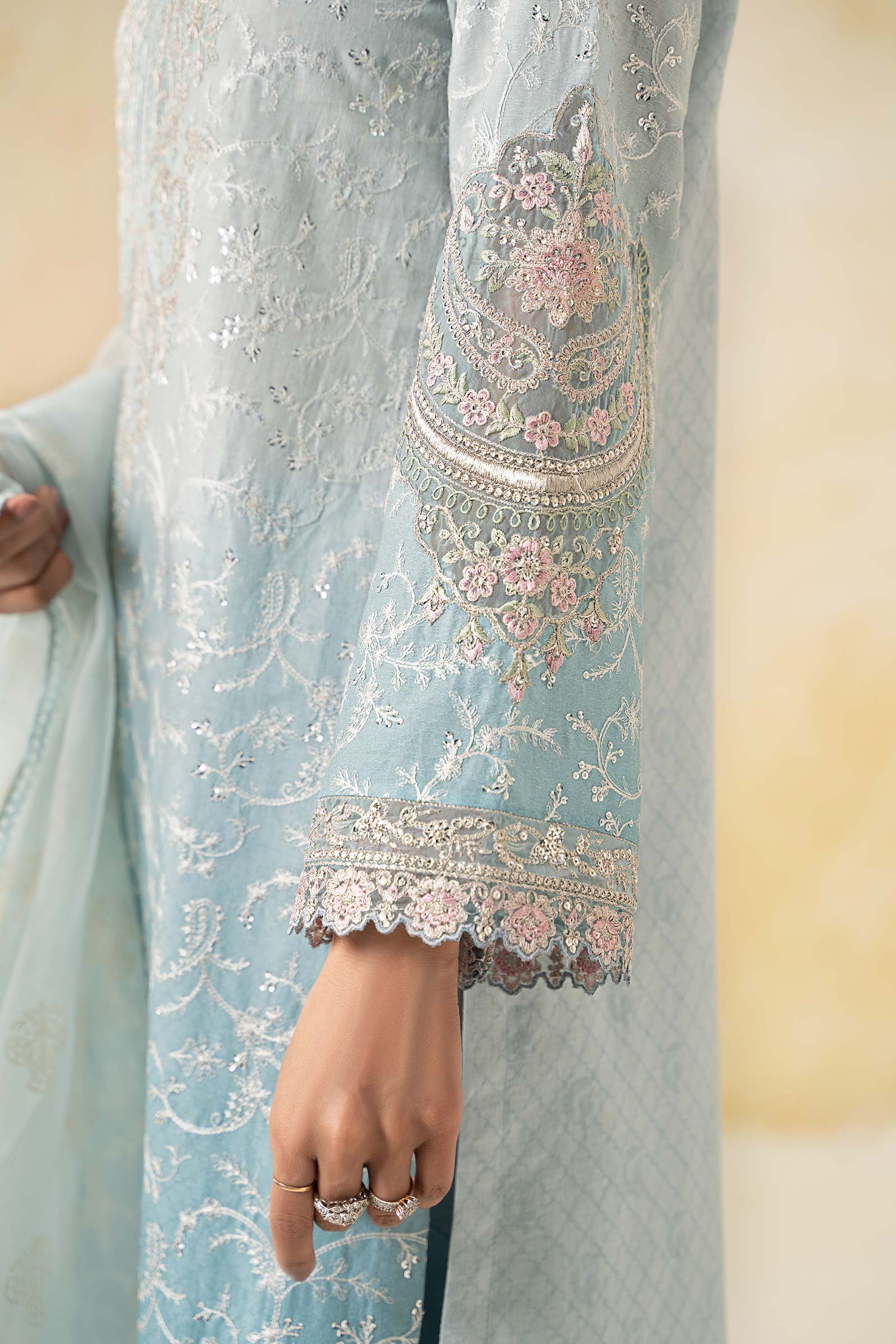Pakistani Blue Embroidered Self Jacquard Lawn Suit (3-Piece) - Image 4