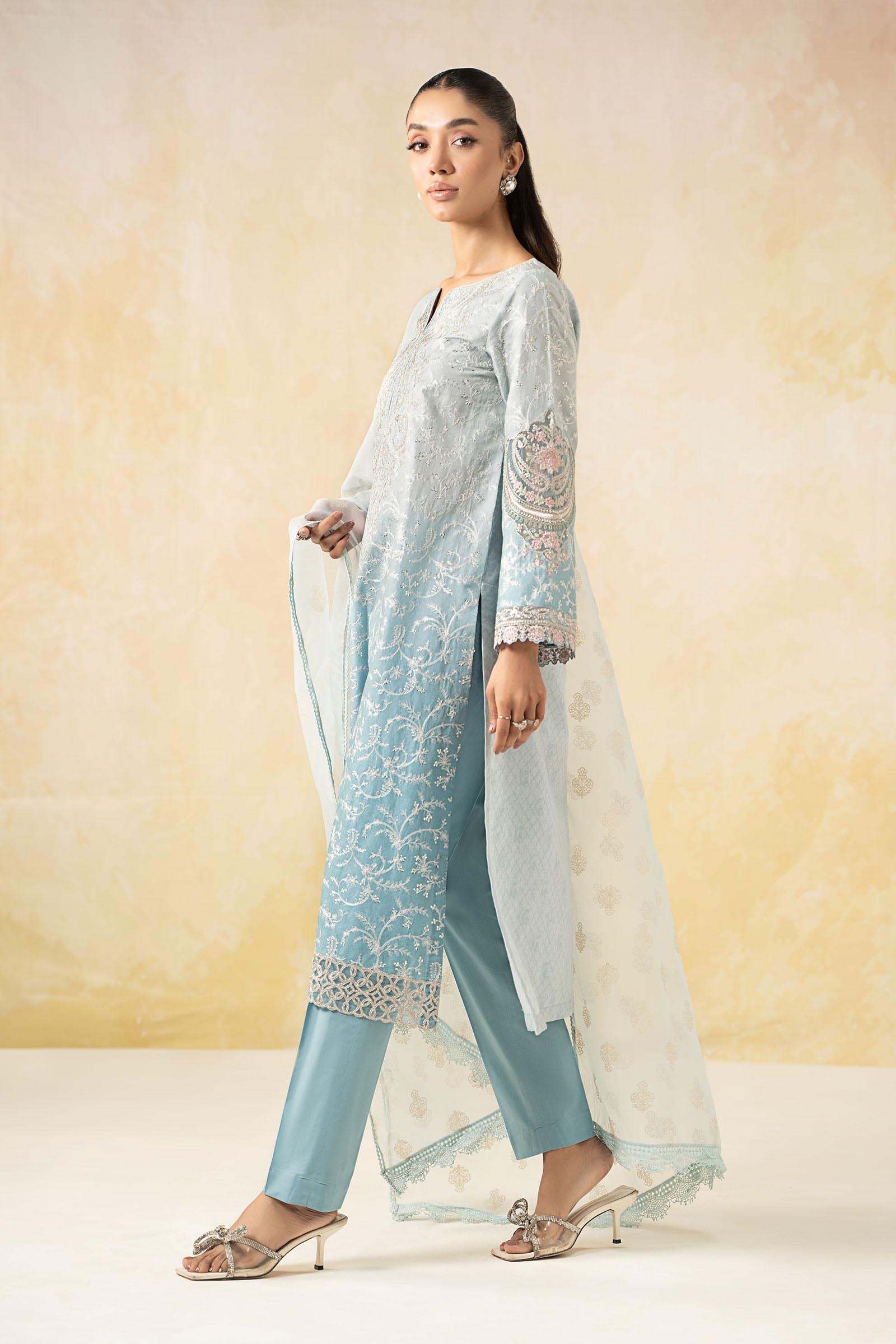Pakistani Blue Embroidered Self Jacquard Lawn Suit (3-Piece) - Image 7