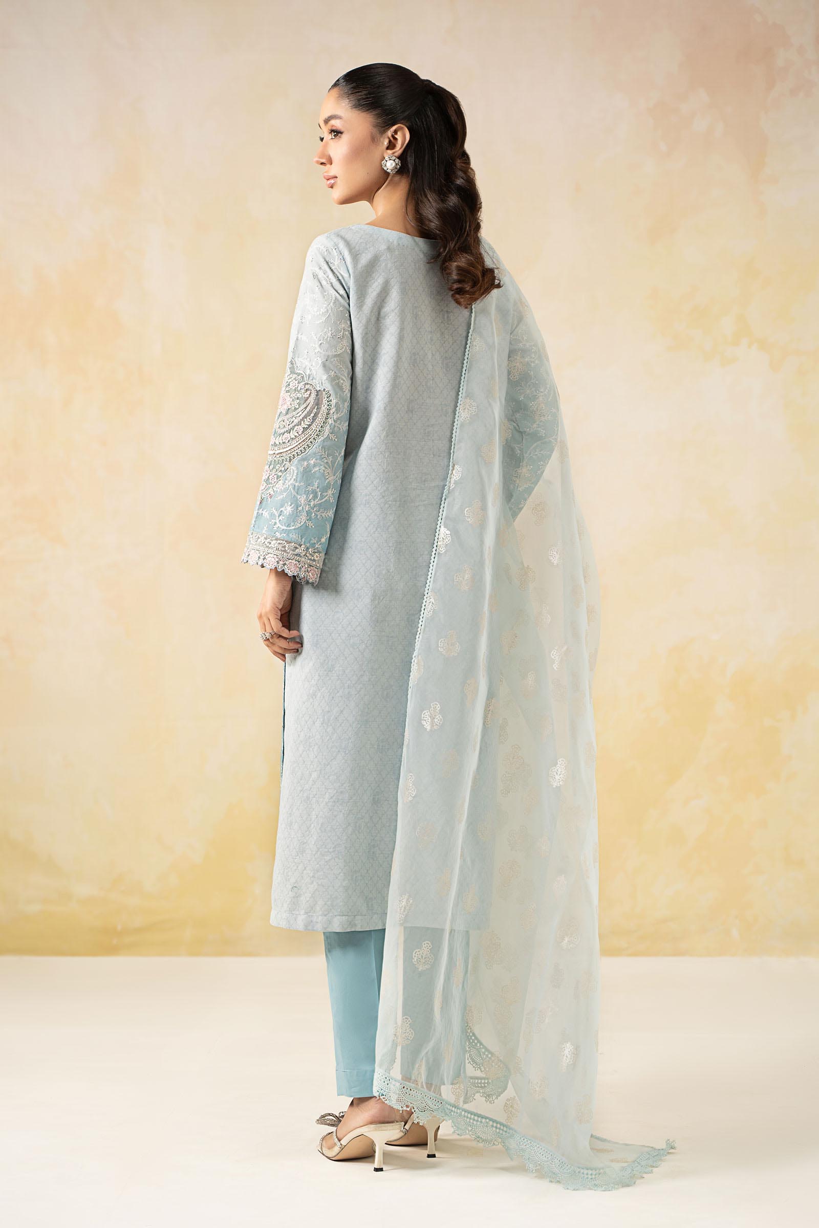 Pakistani Blue Embroidered Self Jacquard Lawn Suit (3-Piece) - Image 8