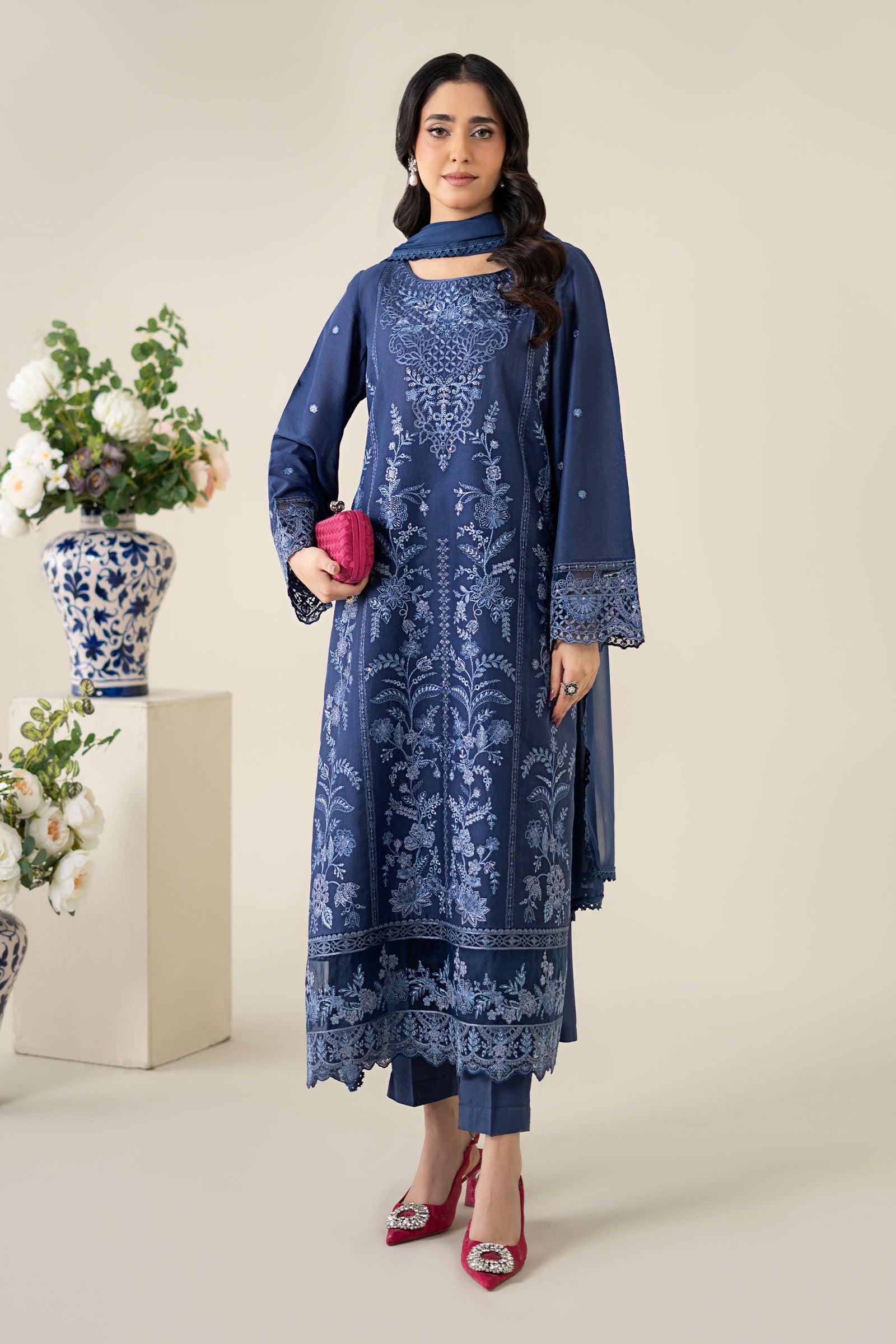 Blue Embroidered Lawn Salwar Kameez (3-Piece) - Image 1