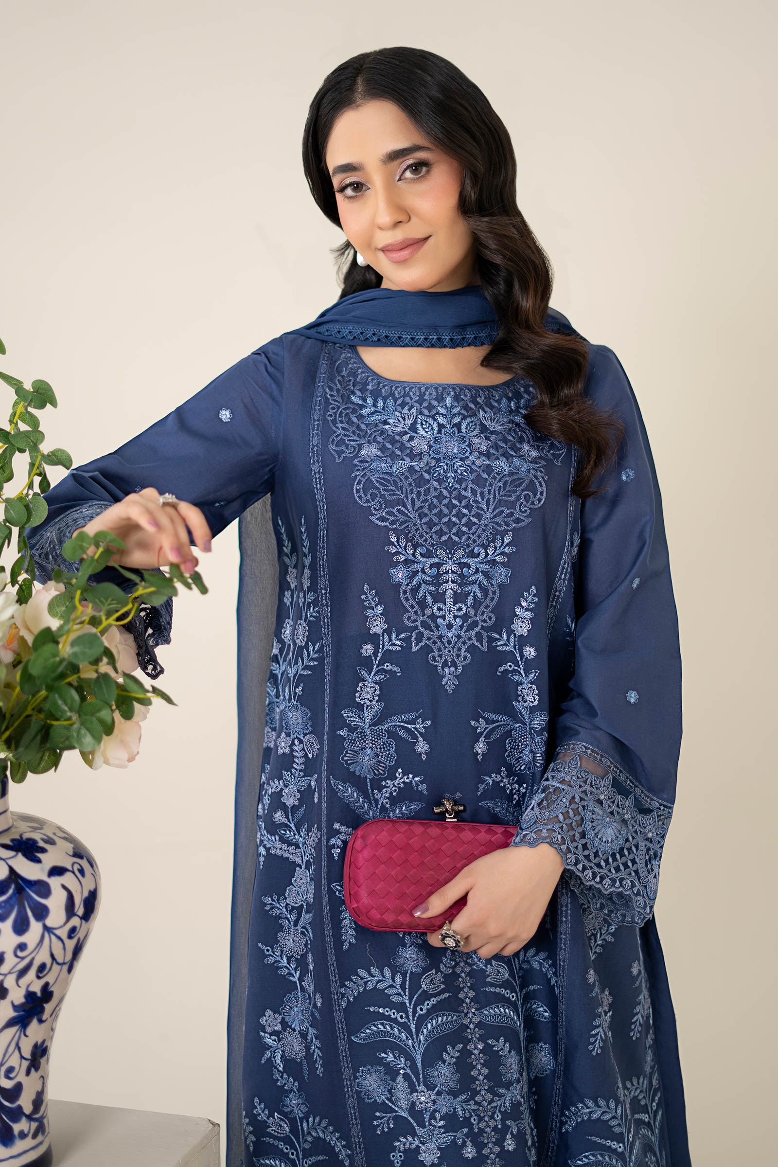 Blue Embroidered Lawn Salwar Kameez (3-Piece) - Image 2