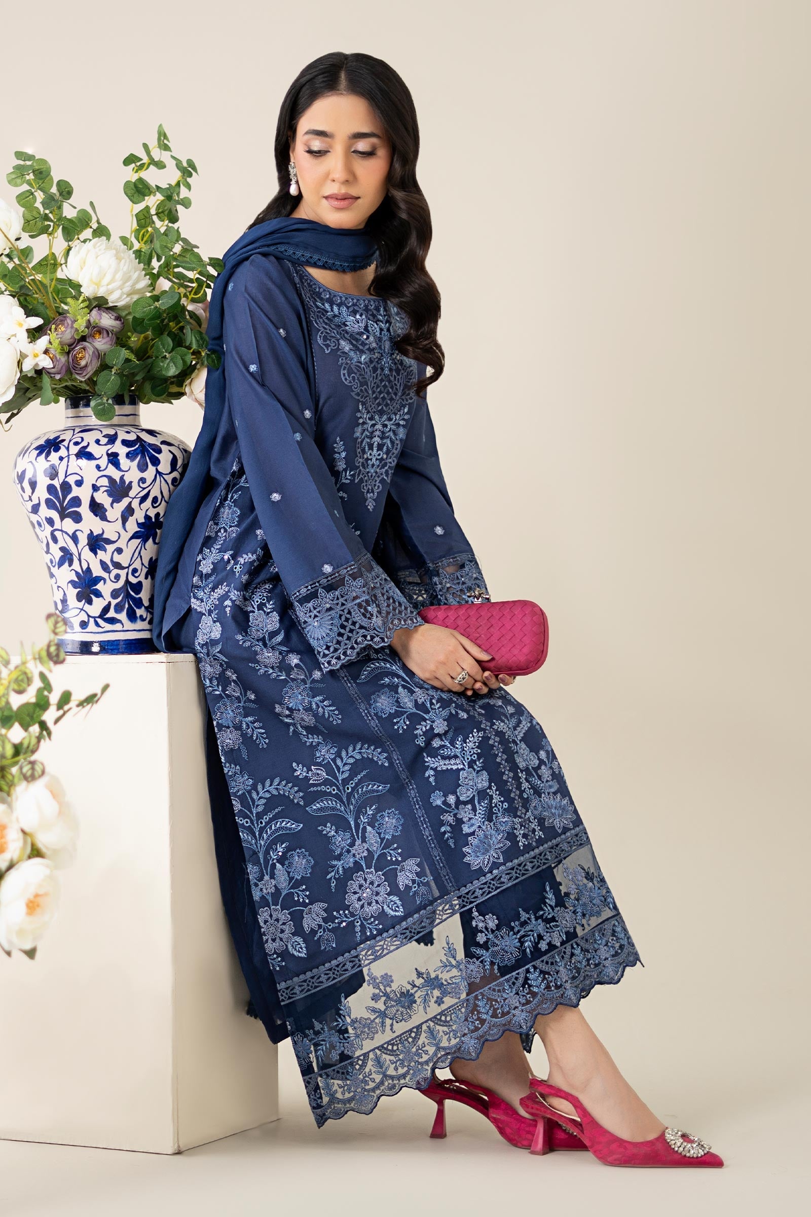 Blue Embroidered Lawn Salwar Kameez (3-Piece) - Image 3