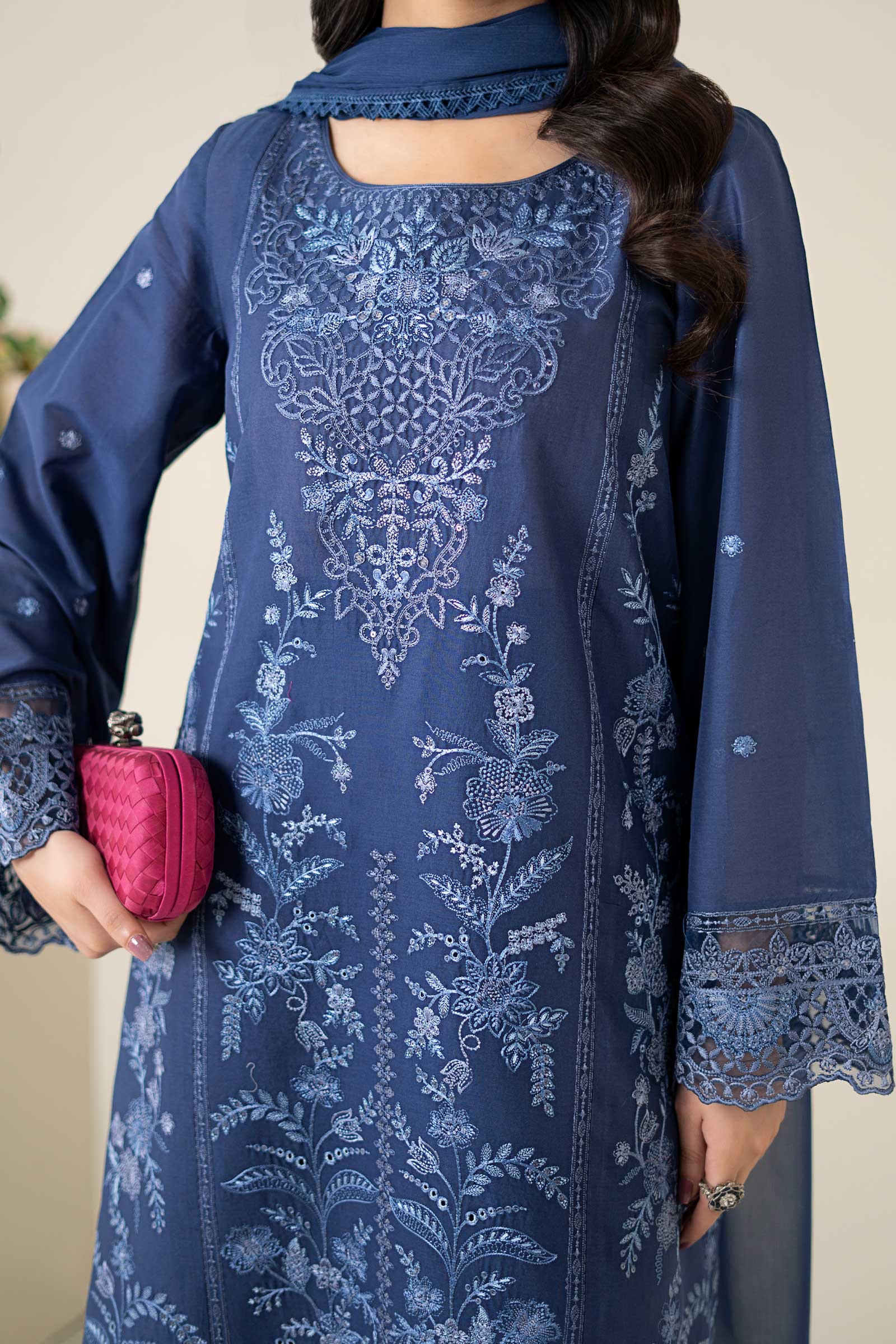 Blue Embroidered Lawn Salwar Kameez (3-Piece) - Image 5