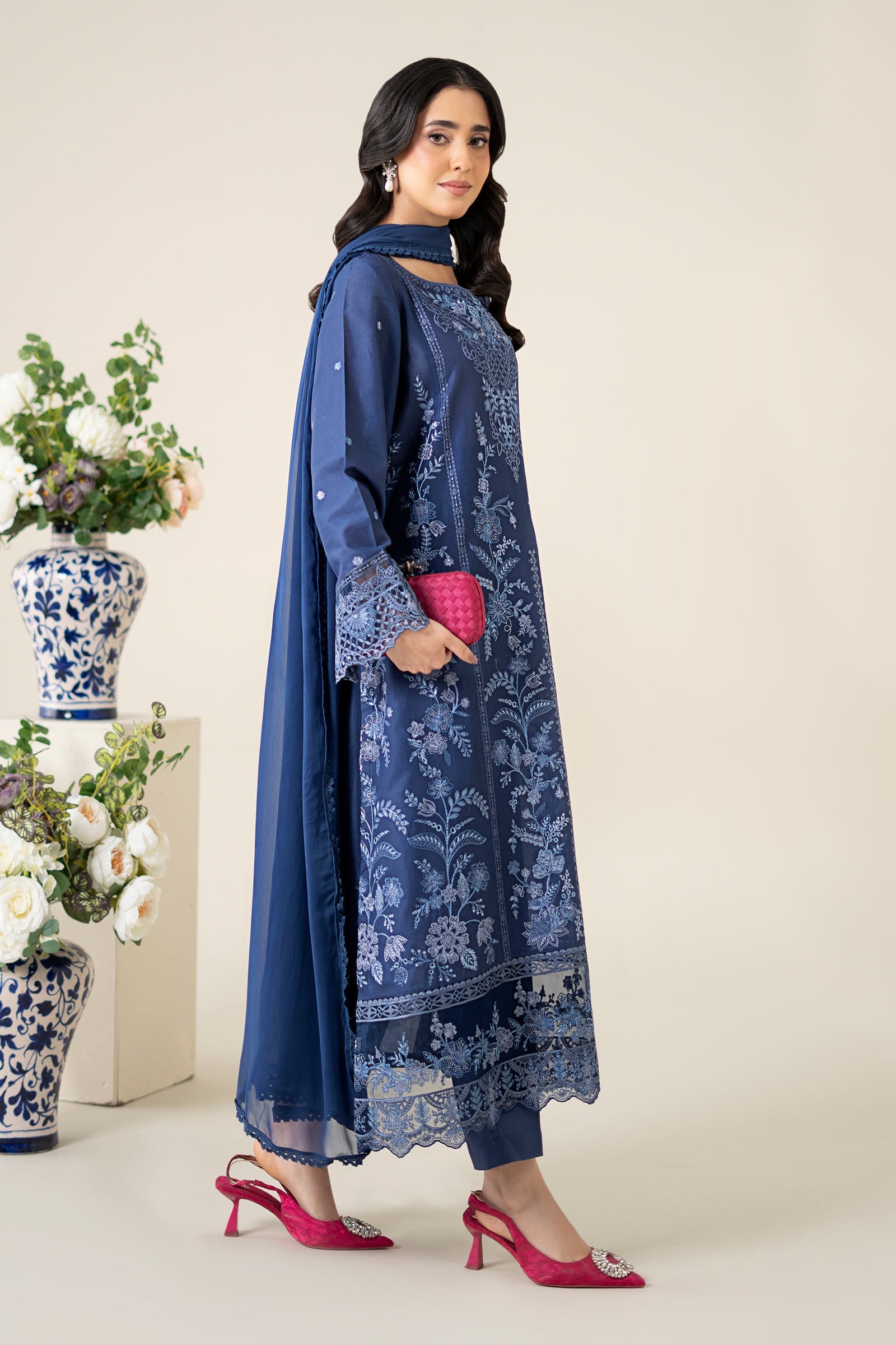 Blue Embroidered Lawn Salwar Kameez (3-Piece) - Image 6