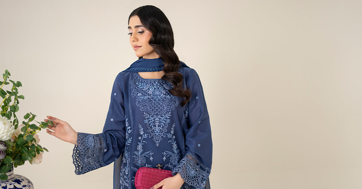Blue Embroidered Lawn Salwar Kameez (3-Piece) - Image 8
