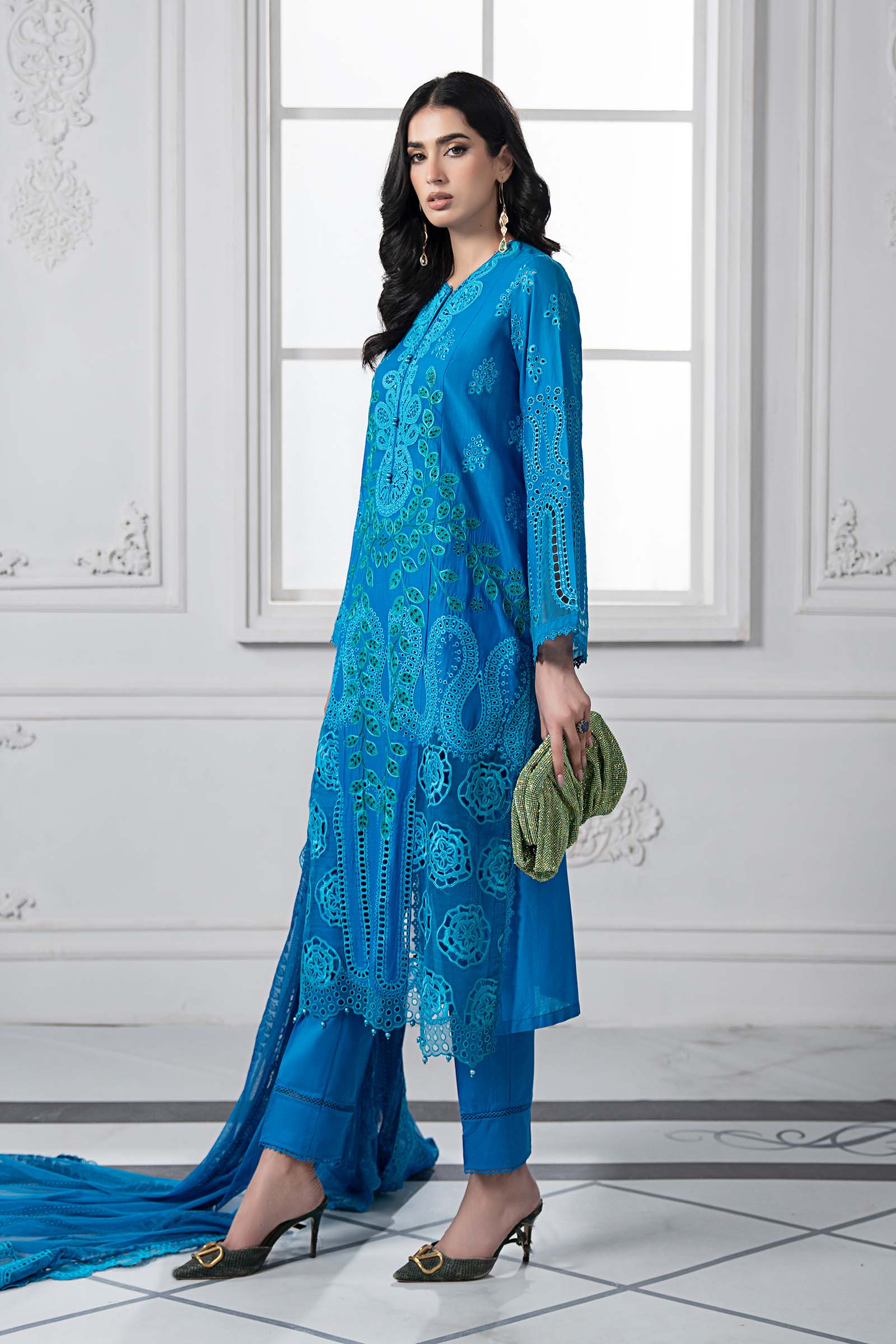Pakistani Ferozi Embroidered Lawn & Cambric Salwar Kameez (3-Piece) - Image 7