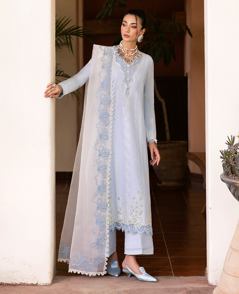 Sky Blue Embroidered Lawn Salwar Kameez (3-Piece) - Image 2