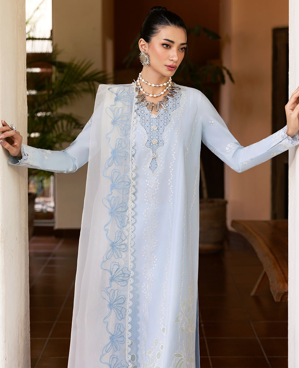 Sky Blue Embroidered Lawn Salwar Kameez (3-Piece) - Image 3