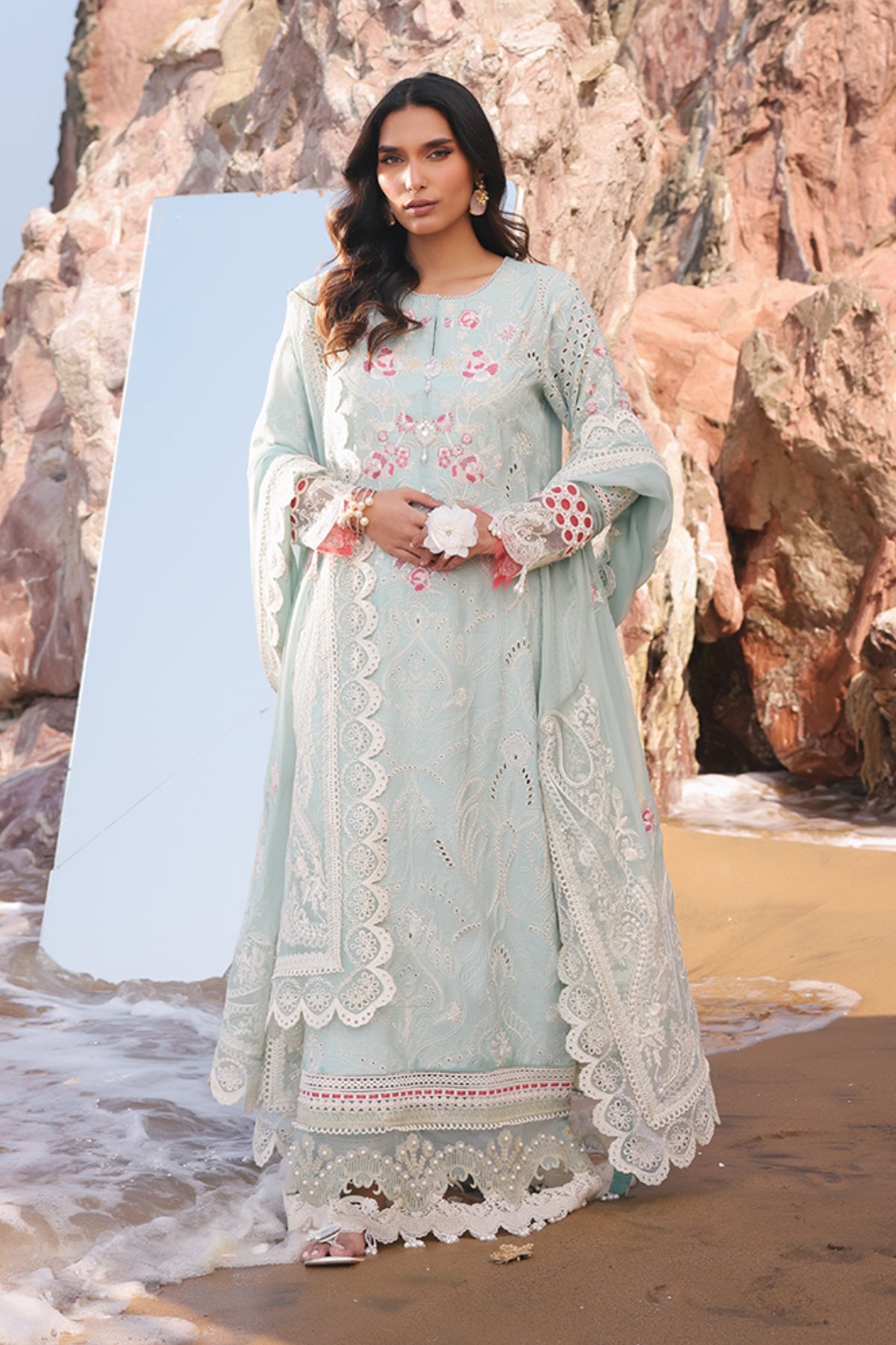 Sky Blue Embroidered Lawn & Chiffon 3-Piece Suit - Image 1