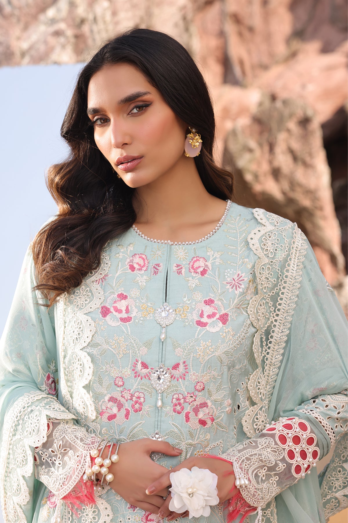 Sky Blue Embroidered Lawn & Chiffon 3-Piece Suit - Image 2