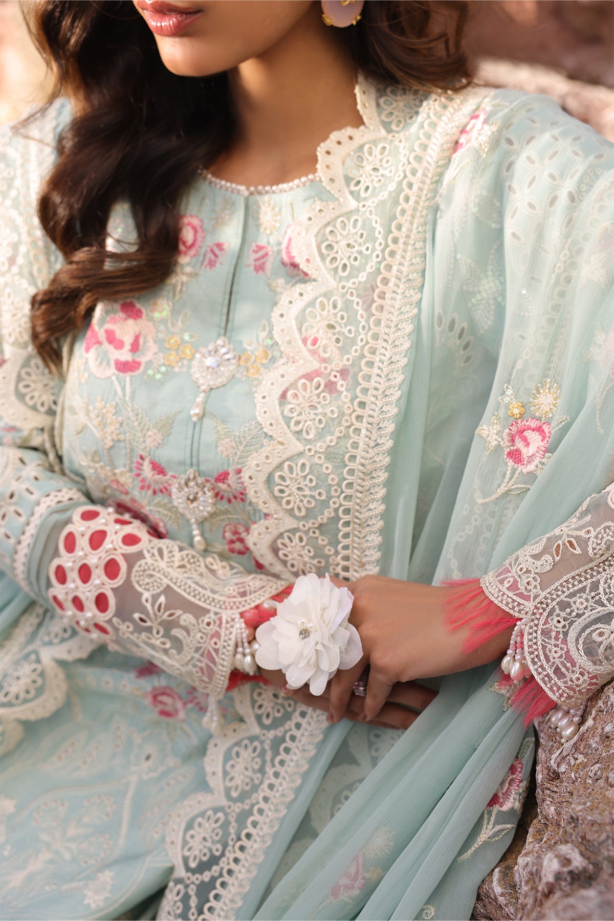 Sky Blue Embroidered Lawn & Chiffon 3-Piece Suit - Image 4