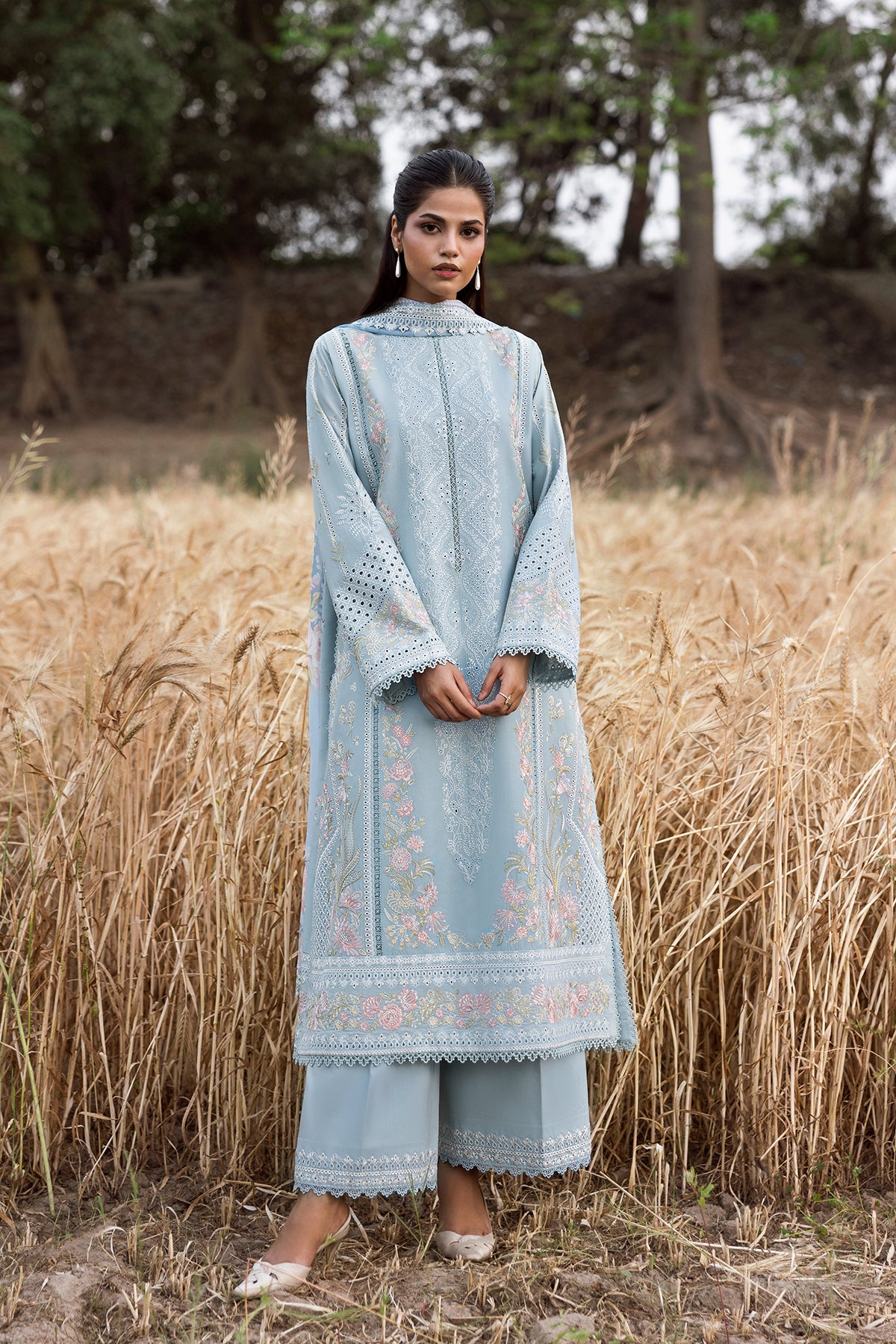 Sky Blue Embroidered Lawn Salwar Kameez (3-Piece) - Image 1