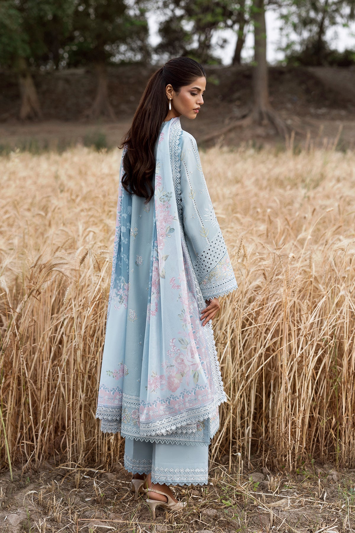 Sky Blue Embroidered Lawn Salwar Kameez (3-Piece) - Image 4