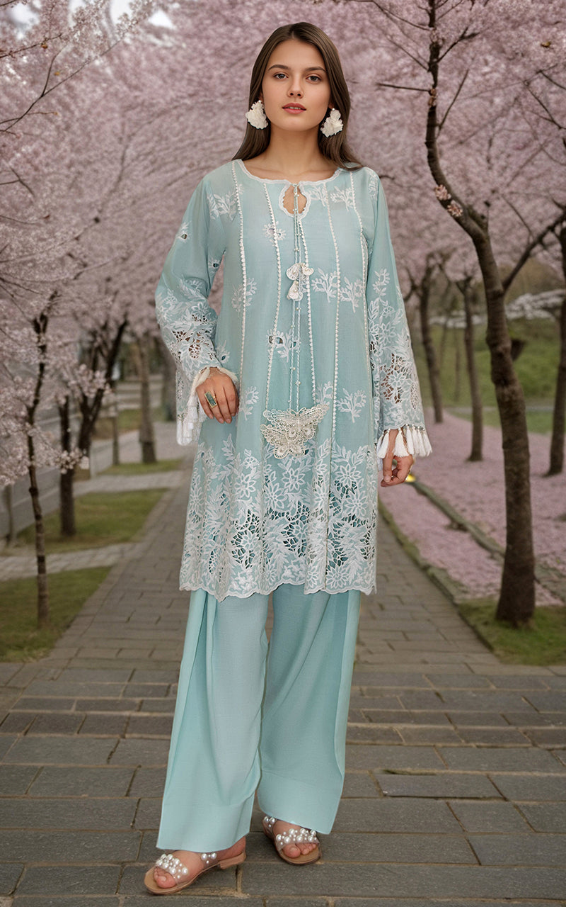 Pakistani Aqua Embroidered Lawn 2-Piece Suit - Image 1
