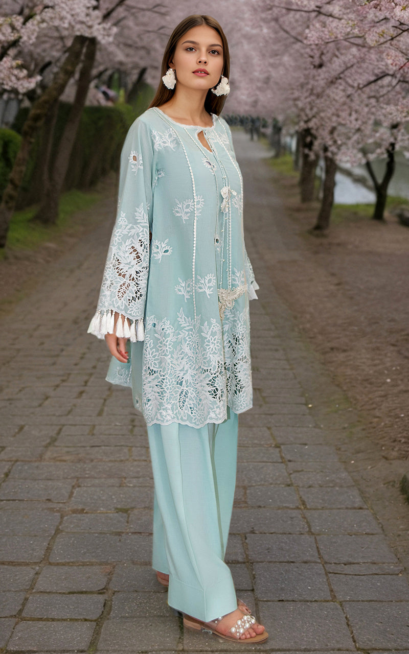 Pakistani Aqua Embroidered Lawn 2-Piece Suit - Image 3