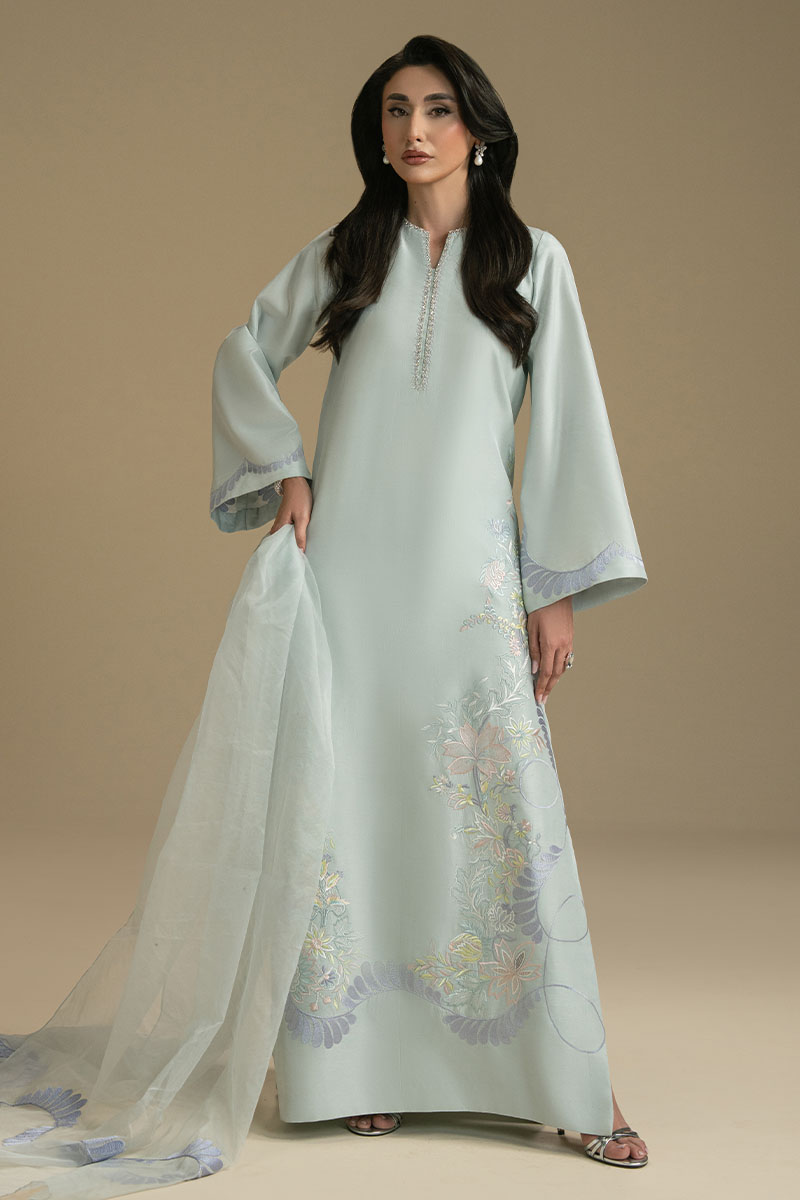 Aqua Blue Embroidered Lightweight Woven Salwar Kameez (3-Piece) - Image 2