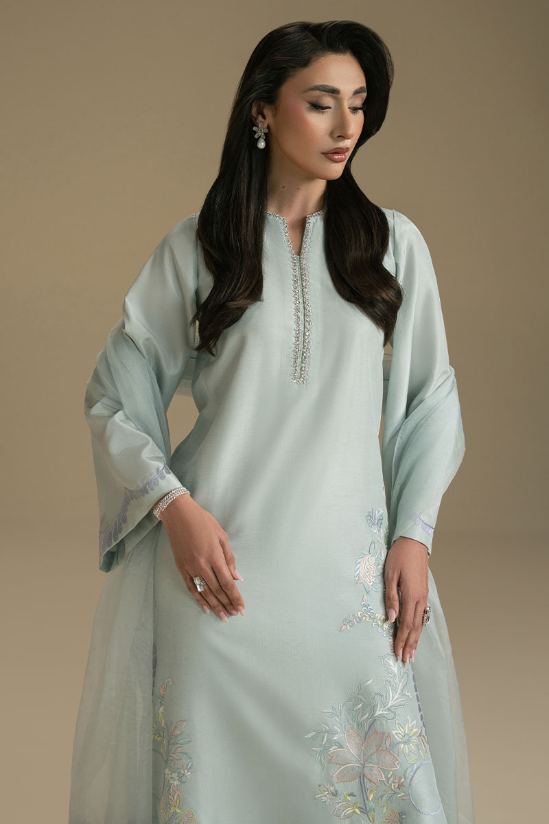 Aqua Blue Embroidered Lightweight Woven Salwar Kameez (3-Piece) - Image 3