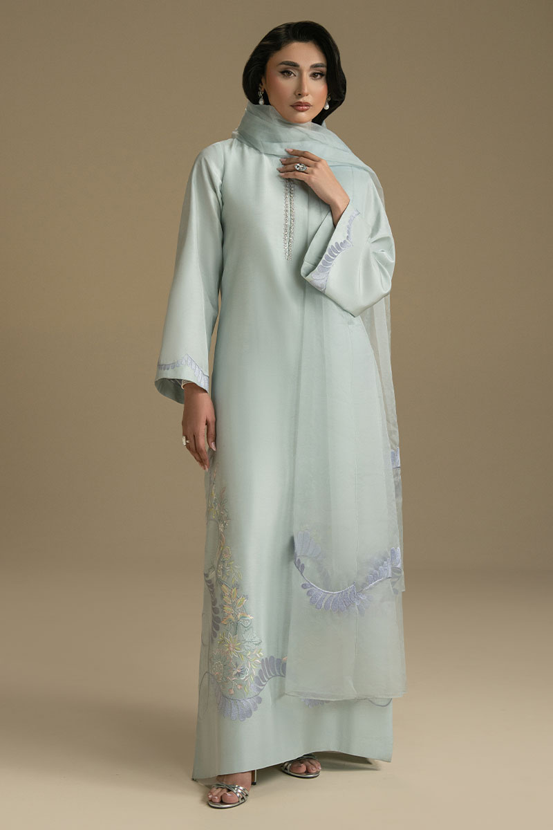 Aqua Blue Embroidered Lightweight Woven Salwar Kameez (3-Piece) - Image 4