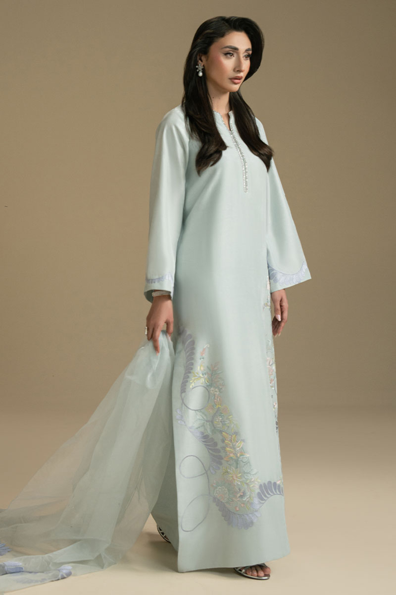 Aqua Blue Embroidered Lightweight Woven Salwar Kameez (3-Piece) - Image 6