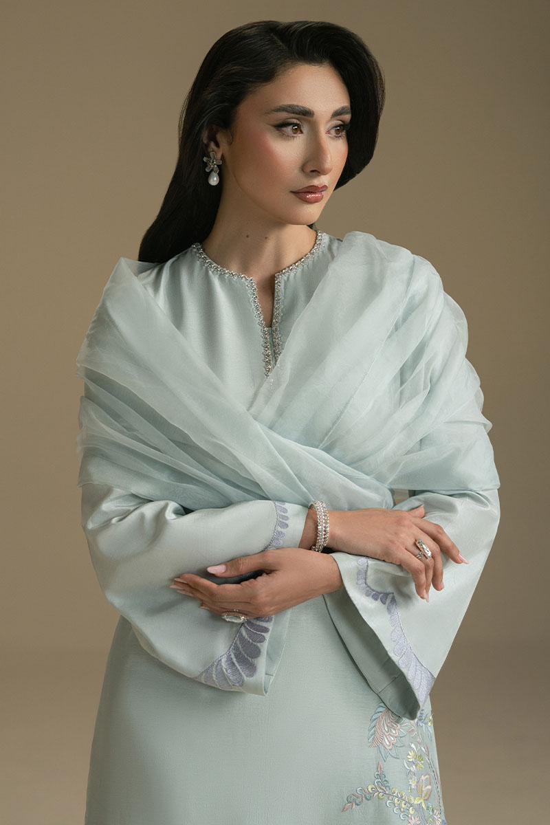 Aqua Blue Embroidered Lightweight Woven Salwar Kameez (3-Piece) - Image 7