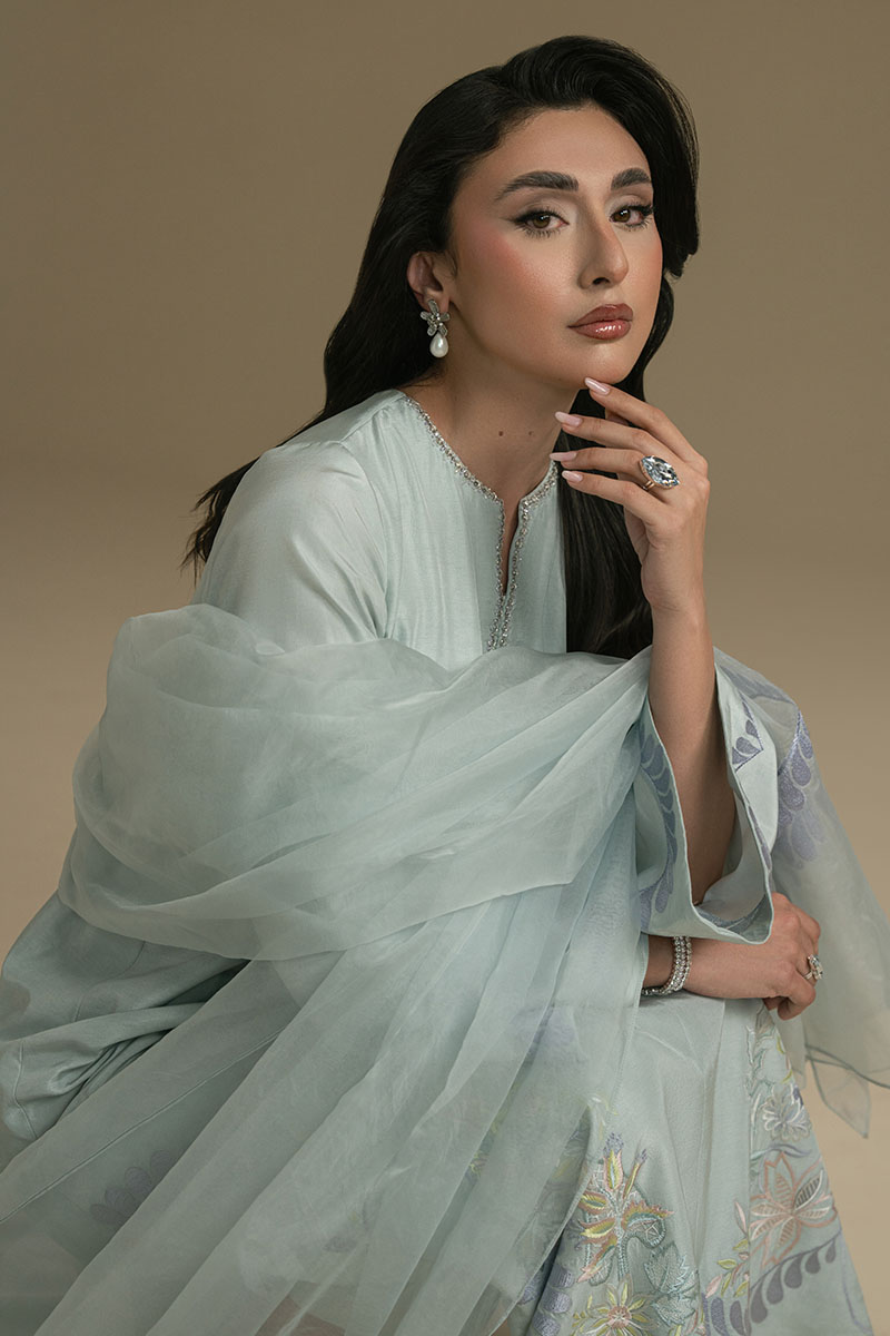 Aqua Blue Embroidered Lightweight Woven Salwar Kameez (3-Piece) - Image 8