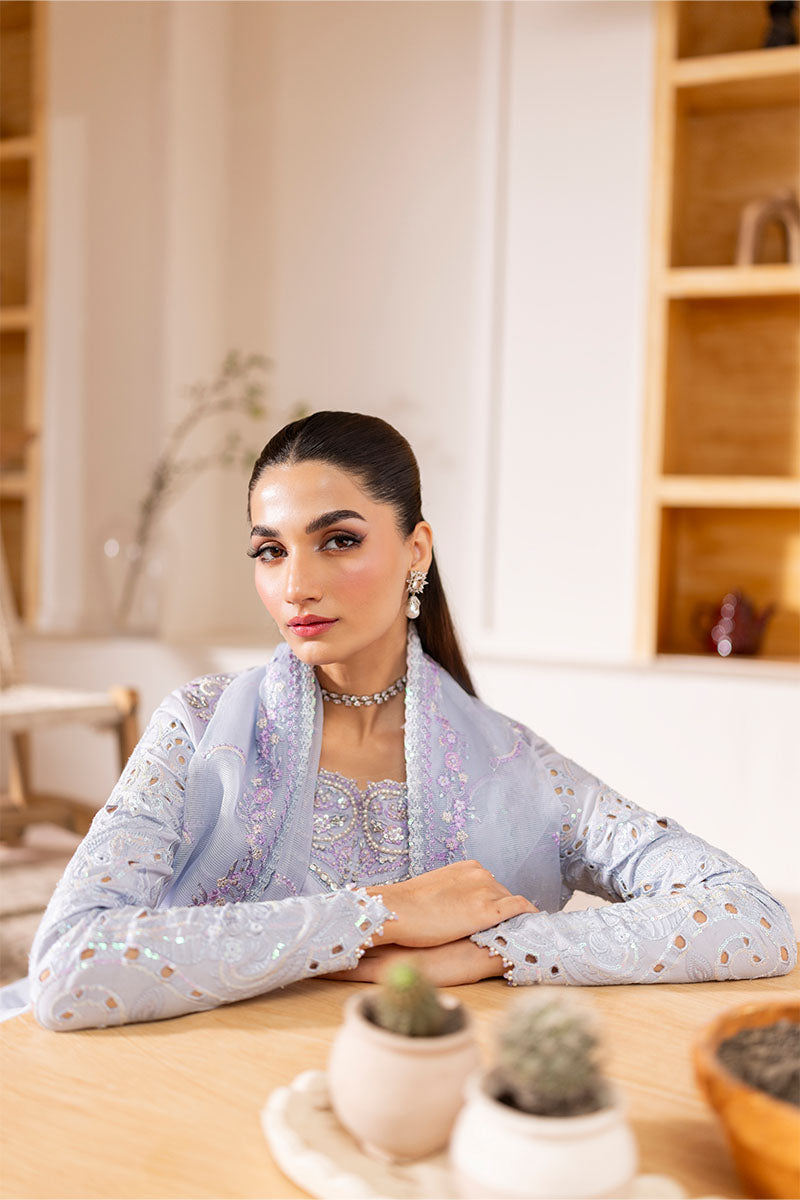 Pakistani Ice Blue Embroidered Loom Cotton Net Salwar Kameez (3-Piece) - Image 10