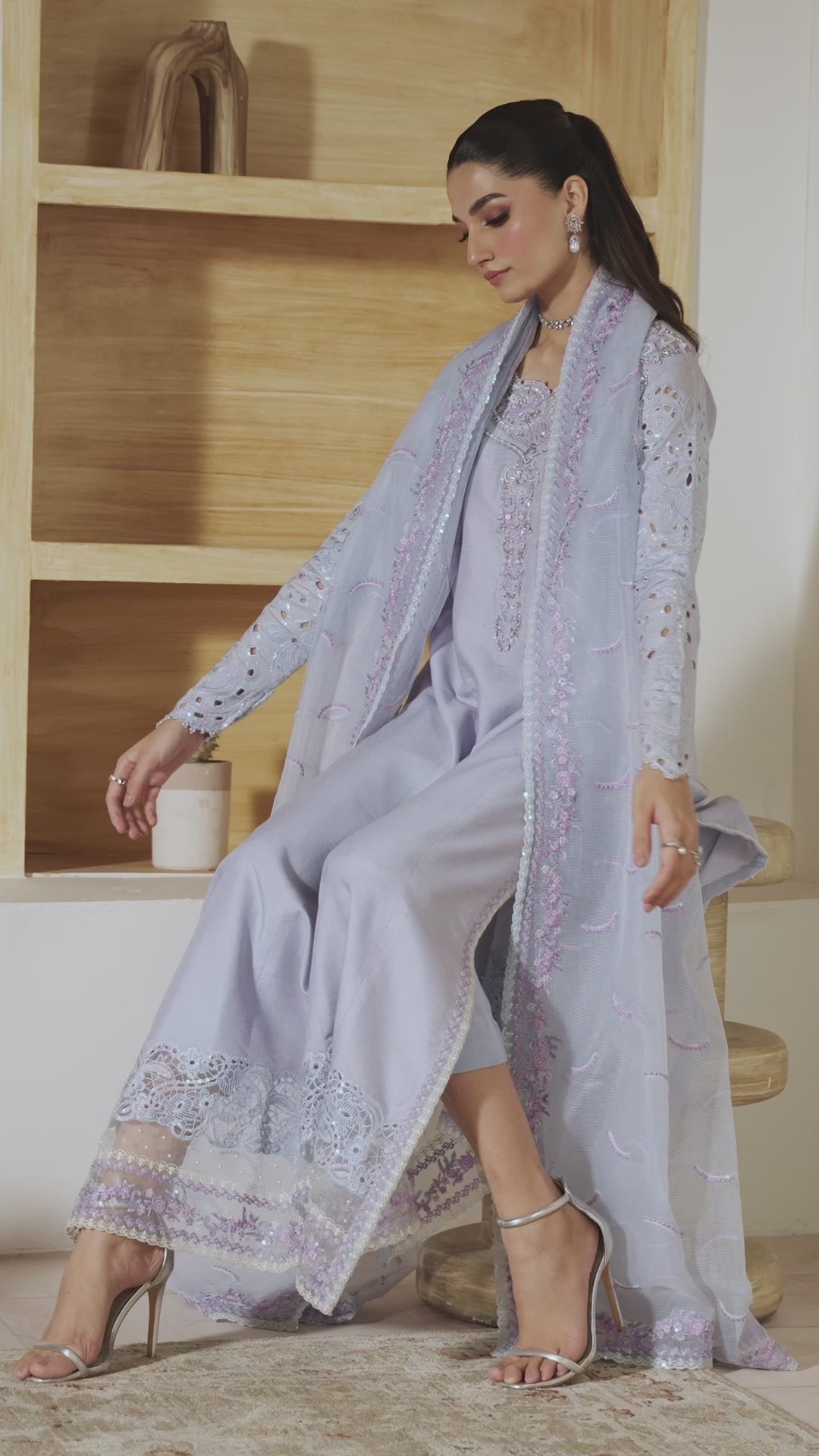 Pakistani Ice Blue Embroidered Loom Cotton Net Salwar Kameez (3-Piece) - Image 11