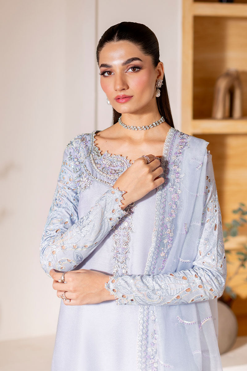 Pakistani Ice Blue Embroidered Loom Cotton Net Salwar Kameez (3-Piece) - Image 2