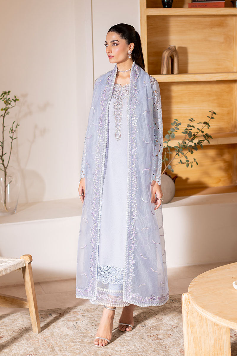 Pakistani Ice Blue Embroidered Loom Cotton Net Salwar Kameez (3-Piece) - Image 3