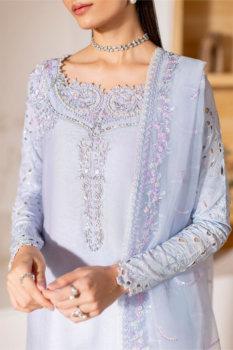 Pakistani Ice Blue Embroidered Loom Cotton Net Salwar Kameez (3-Piece) - Image 4