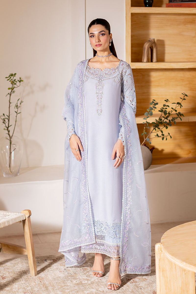 Pakistani Ice Blue Embroidered Loom Cotton Net Salwar Kameez (3-Piece) - Image 5