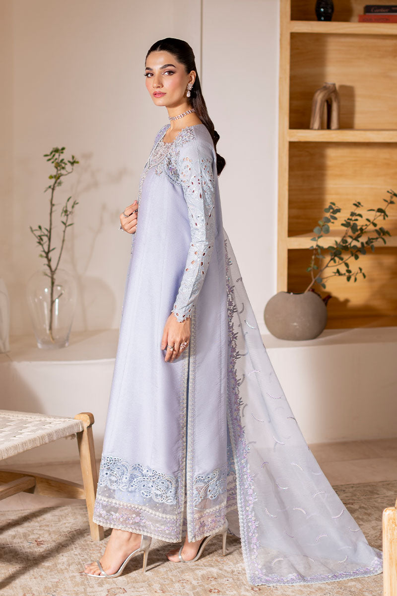 Pakistani Ice Blue Embroidered Loom Cotton Net Salwar Kameez (3-Piece) - Image 7