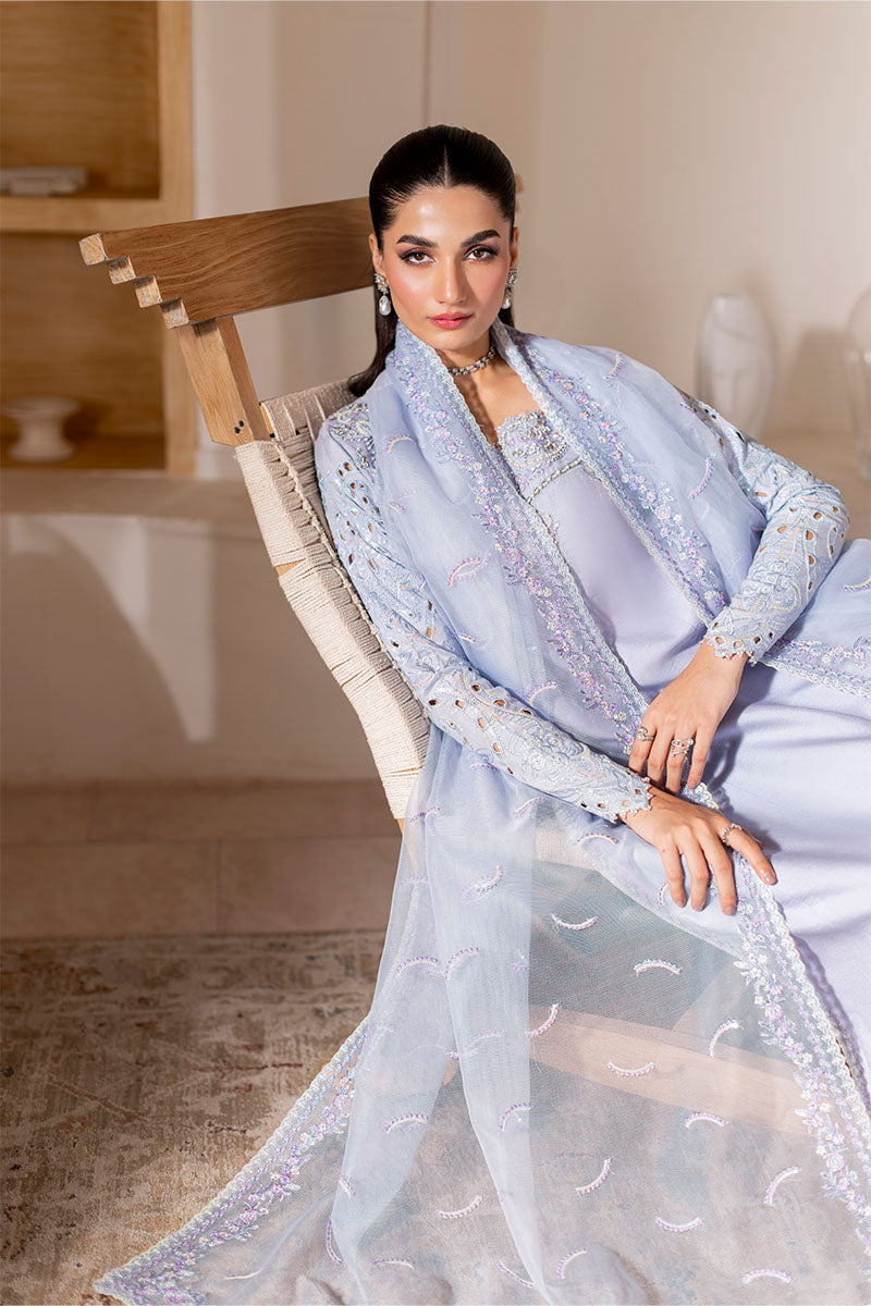 Pakistani Ice Blue Embroidered Loom Cotton Net Salwar Kameez (3-Piece) - Image 8