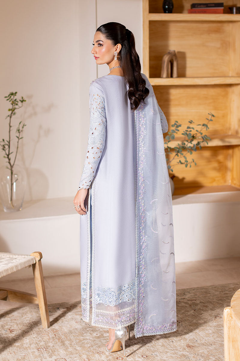 Pakistani Ice Blue Embroidered Loom Cotton Net Salwar Kameez (3-Piece) - Image 9