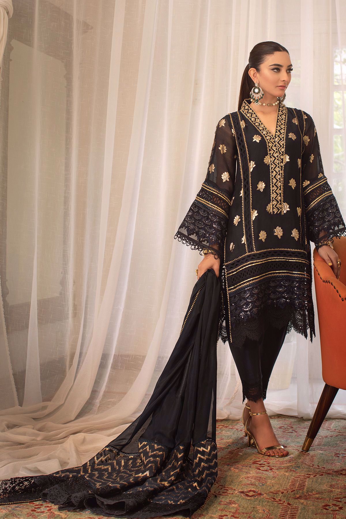 Midnight Blue Embellished Pure Lorex Salwar Kameez (3-Piece) - Image 1