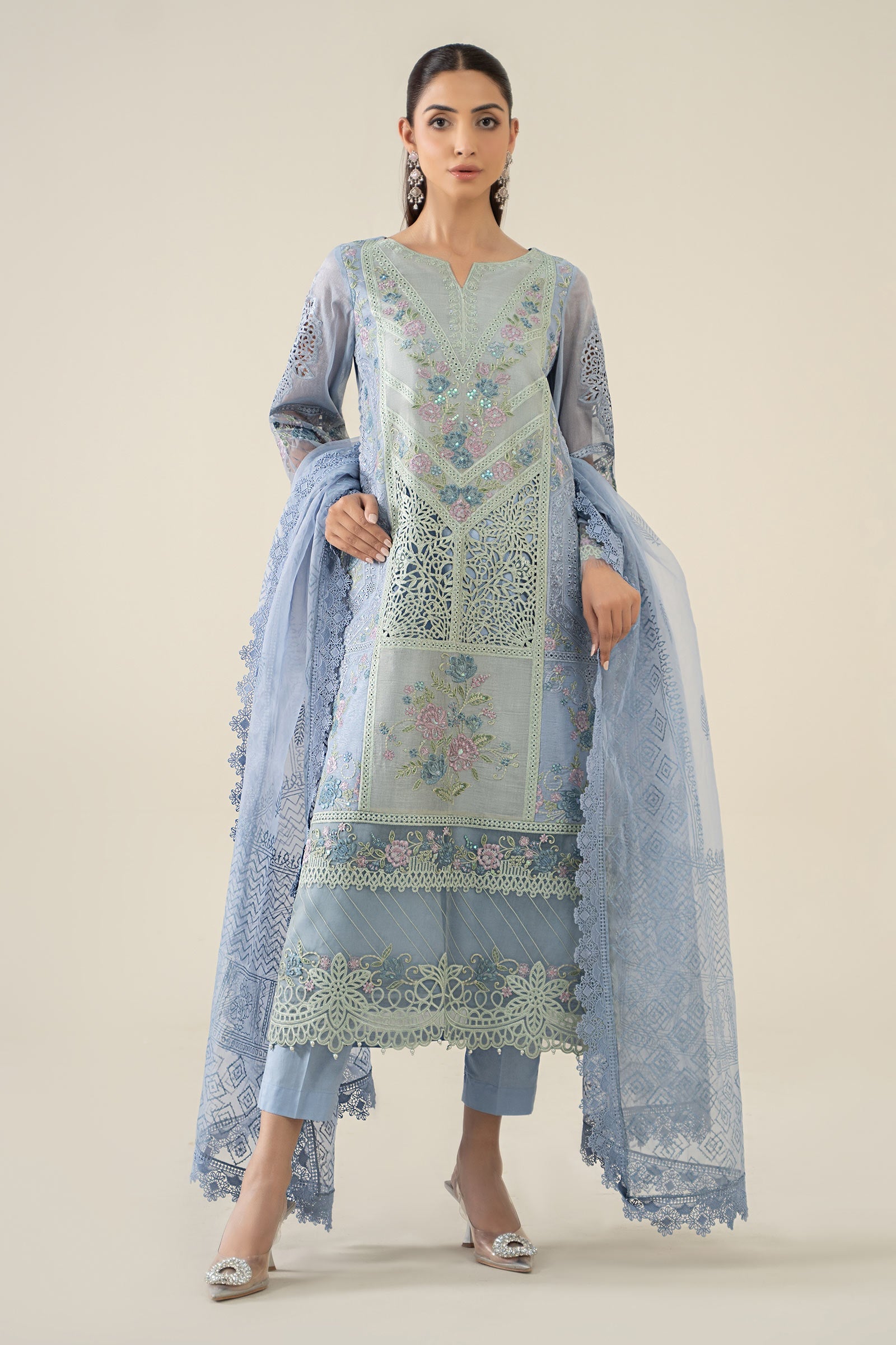Pakistani Soft Blue Embroidered Masoori Lawn 3-Piece Suit - Image 1