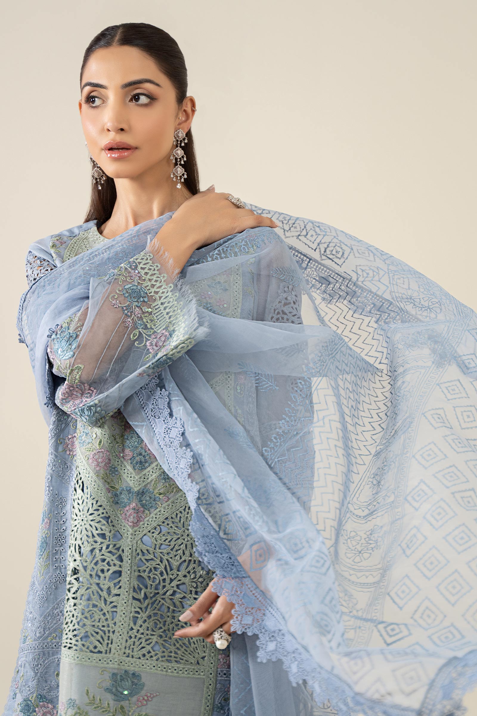 Pakistani Soft Blue Embroidered Masoori Lawn 3-Piece Suit - Image 2