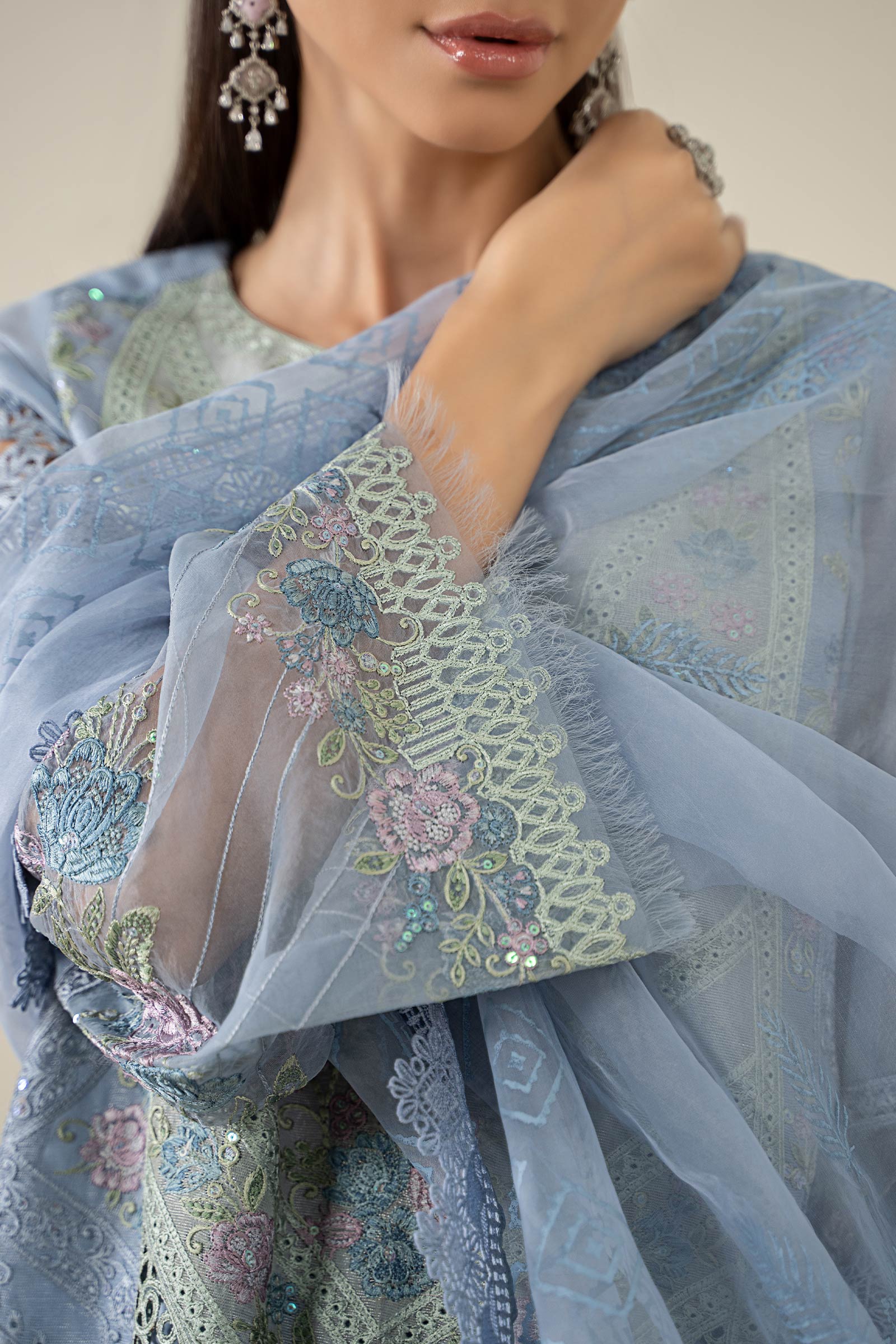 Pakistani Soft Blue Embroidered Masoori Lawn 3-Piece Suit - Image 3