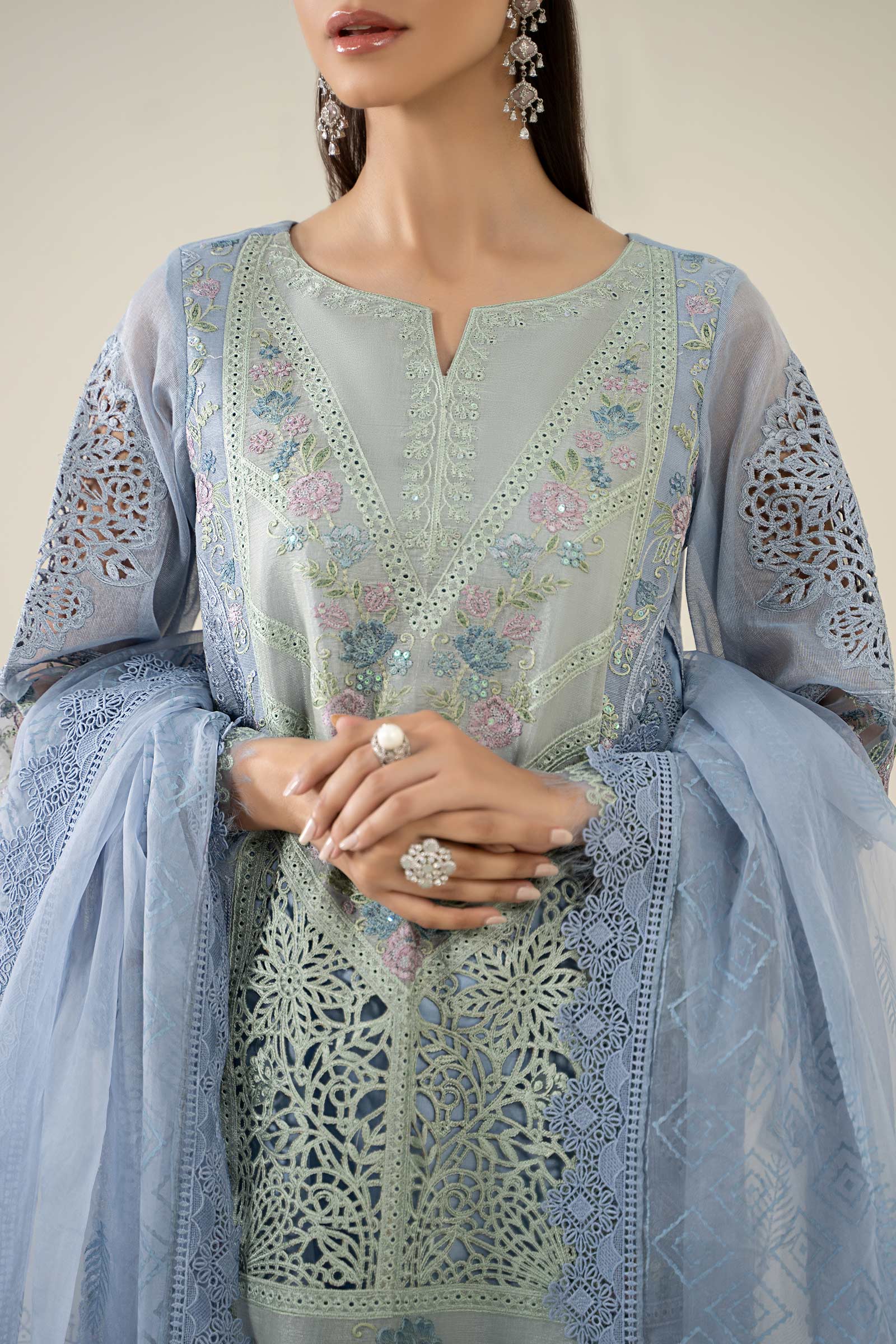 Pakistani Soft Blue Embroidered Masoori Lawn 3-Piece Suit - Image 4