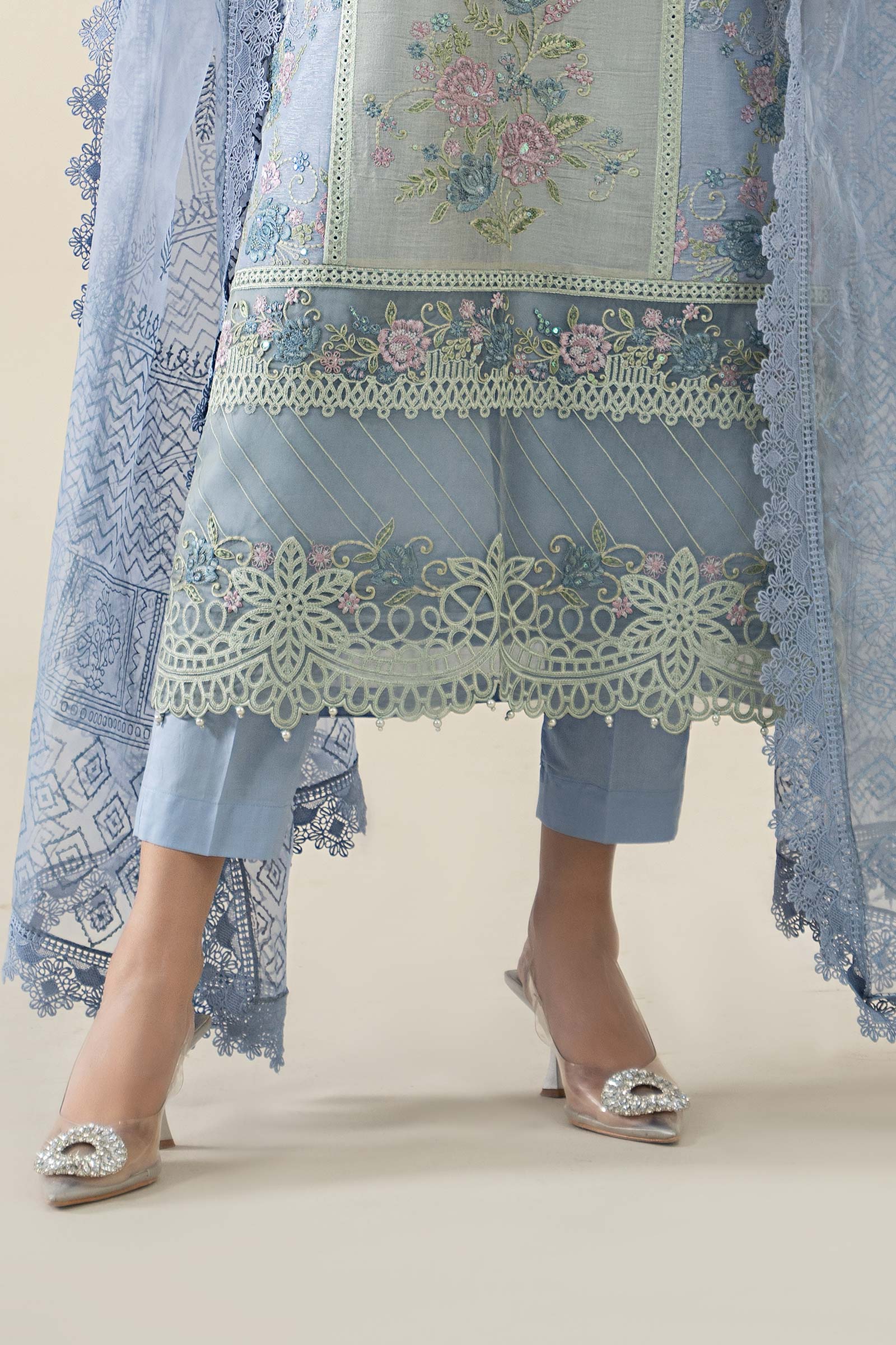 Pakistani Soft Blue Embroidered Masoori Lawn 3-Piece Suit - Image 5