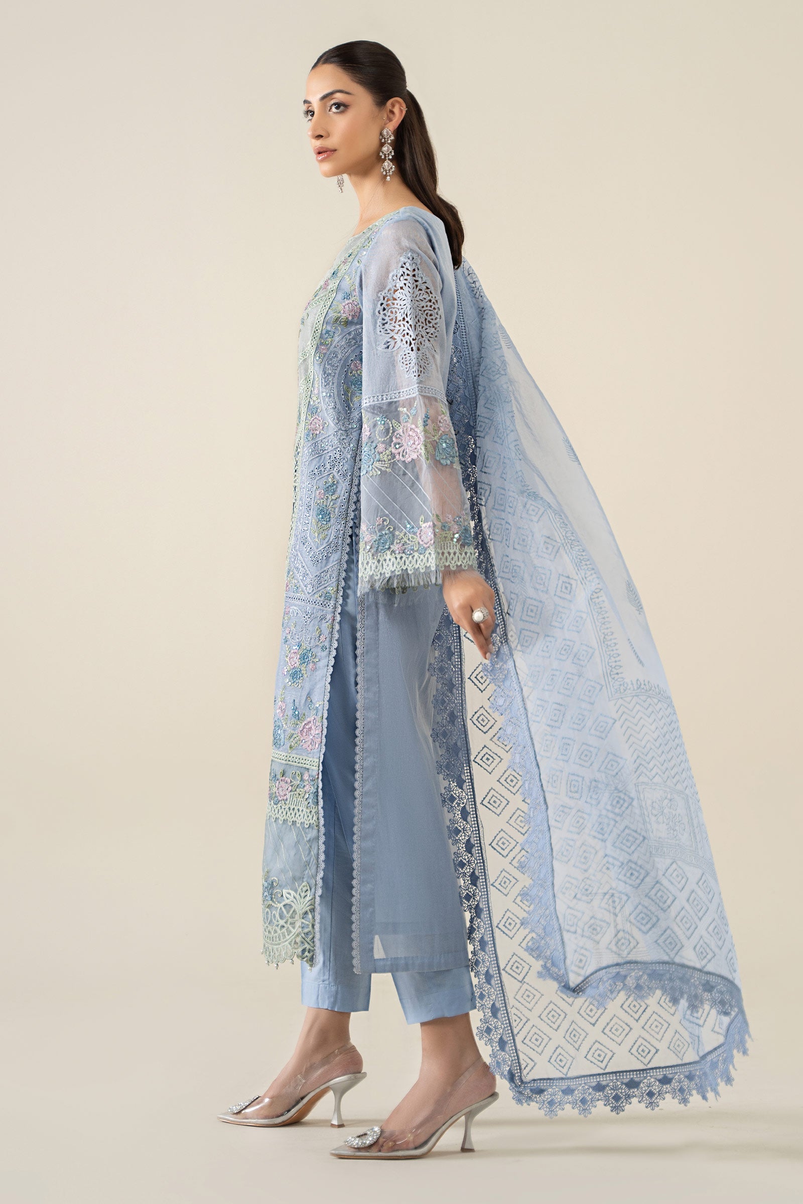 Pakistani Soft Blue Embroidered Masoori Lawn 3-Piece Suit - Image 6