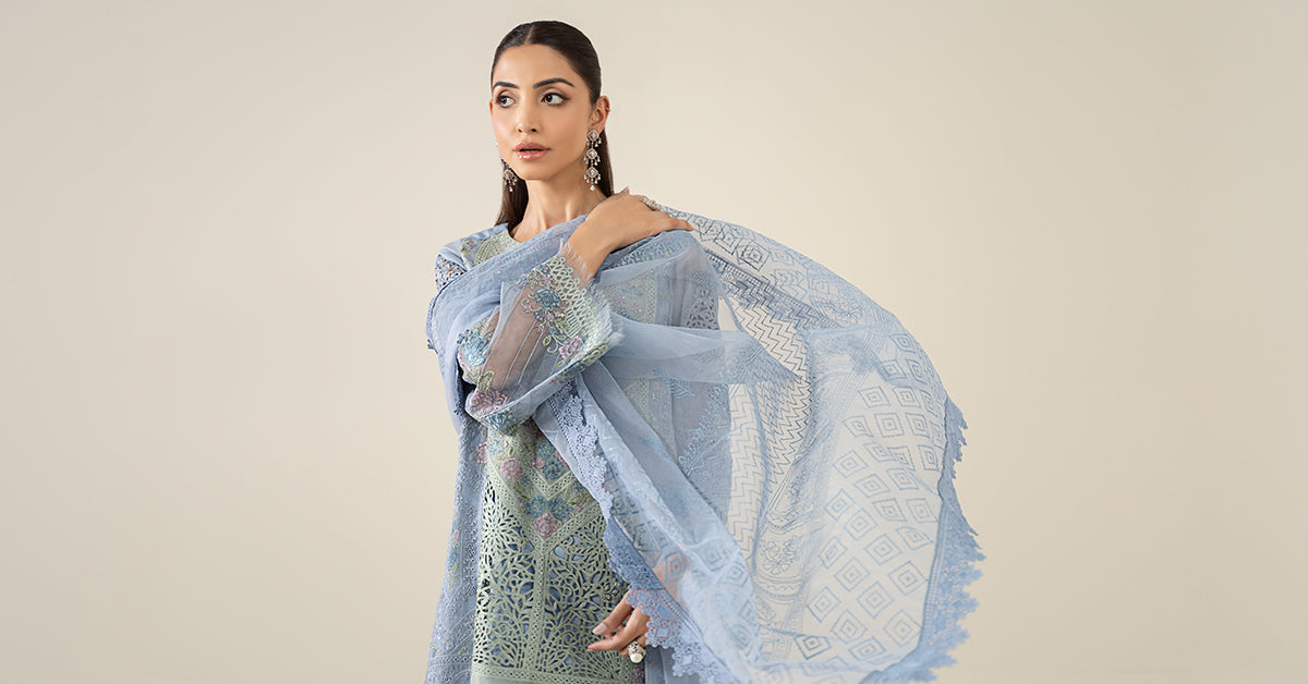 Pakistani Soft Blue Embroidered Masoori Lawn 3-Piece Suit - Image 8