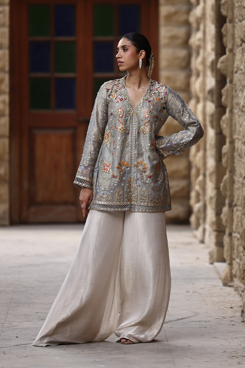 Pakistani Blue-Grey Embroidered Meysuri Lamé Jacket & Culottes (2-Piece) - Image 1