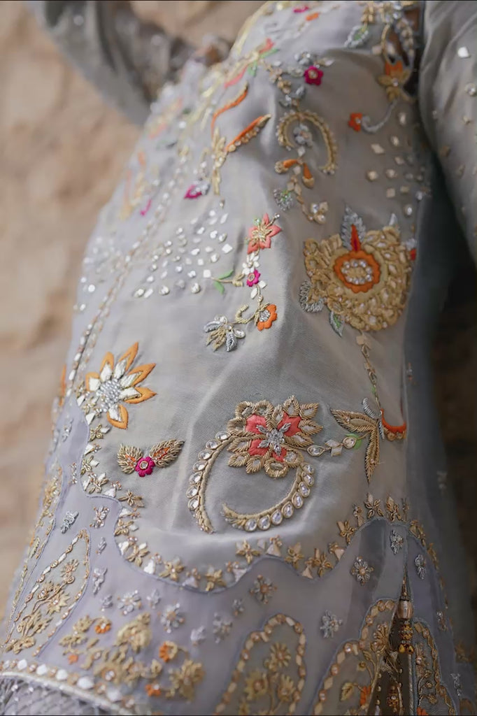 Pakistani Blue-Grey Embroidered Meysuri Lamé Jacket & Culottes (2-Piece) - Image 2